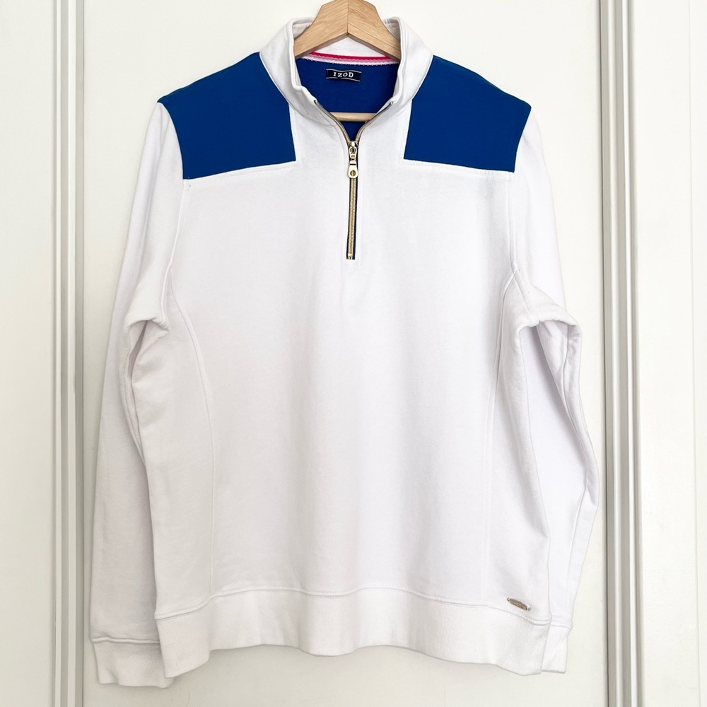 IZOD Men's Quarter Zip Pullover Sweatshirt White Blue Size L Golf Athleisure
